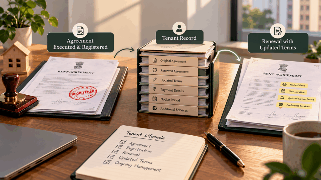 Rent agreement lifecycle showing registration, tenant record management, renewal, and updated rental terms.