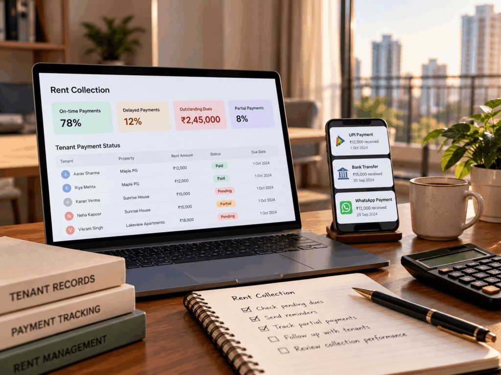 Rent collection performance dashboard showing on-time payments, delayed payments, outstanding dues and digital payment tracking.