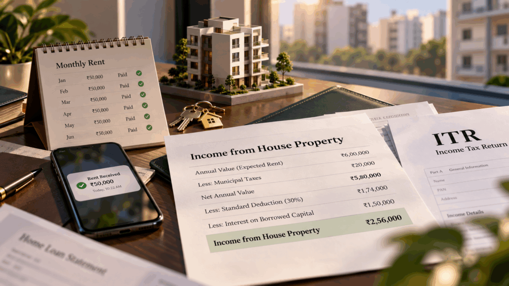 Report My Rental Income, How Do I Report My Rental Income Correctly in My ITR?, Rentok Rental income calculation showing annual rent, municipal taxes, standard deduction, home-loan interest, and income from house property for ITR filing.