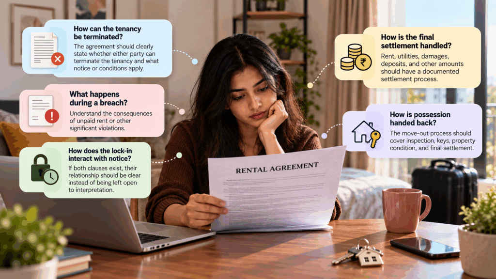 Tenant reviewing a rental agreement with key eviction terms including termination, breach, lock-in period, final settlement, and property handover.