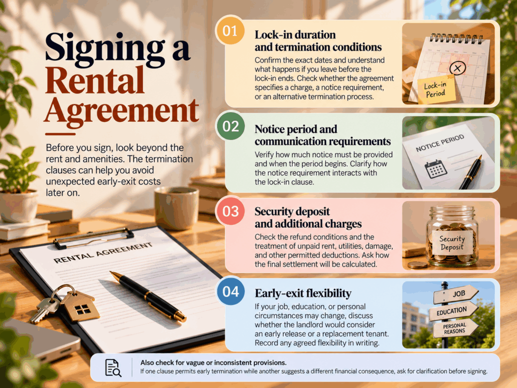 Rental agreement checklist covering lock-in period, termination conditions, notice period, security deposit deductions, and early-exit flexibility for tenants before signing a rental agreement in India.