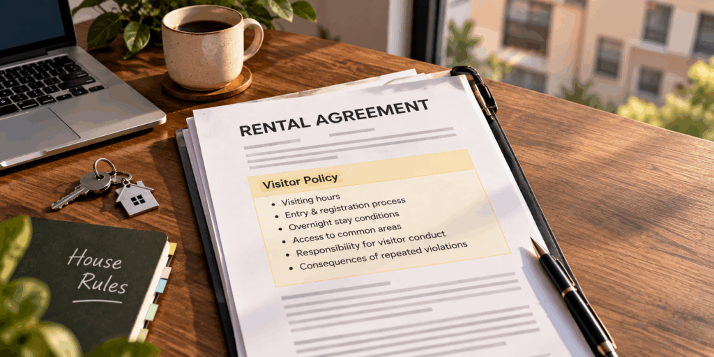 Rental agreement with visitor policy covering visiting hours, overnight stays, common-area access, visitor conduct, and house rules.