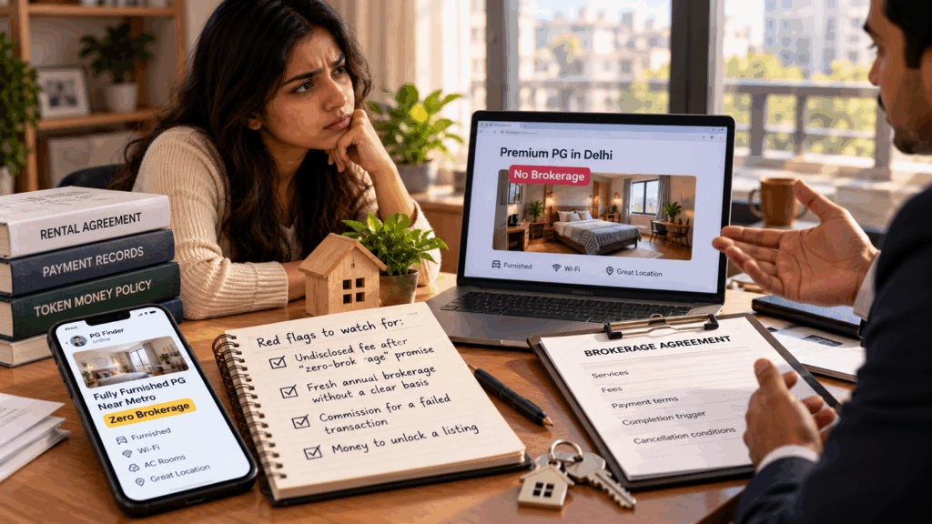 Rental brokerage agreement discussion between a tenant and property broker, highlighting zero-brokerage PG listings, hidden brokerage charges, unexpected renewal commissions, failed rental transactions, and the importance of checking payment terms before paying a rental broker.