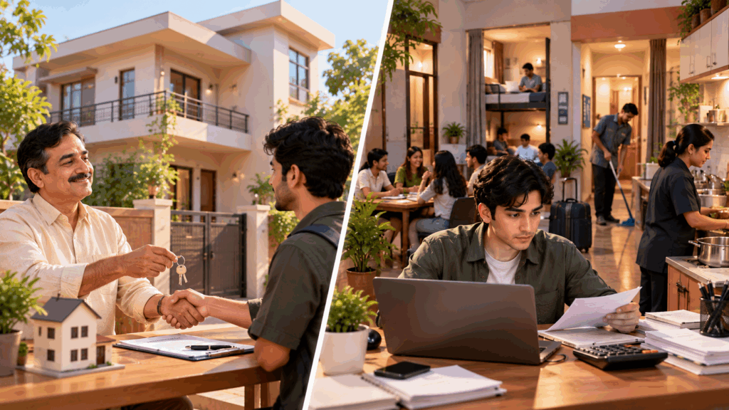 Comparison of house property rental income and PG business income, showing a landlord renting out a residential property and a PG operator managing hostel accommodation and daily operations in India.