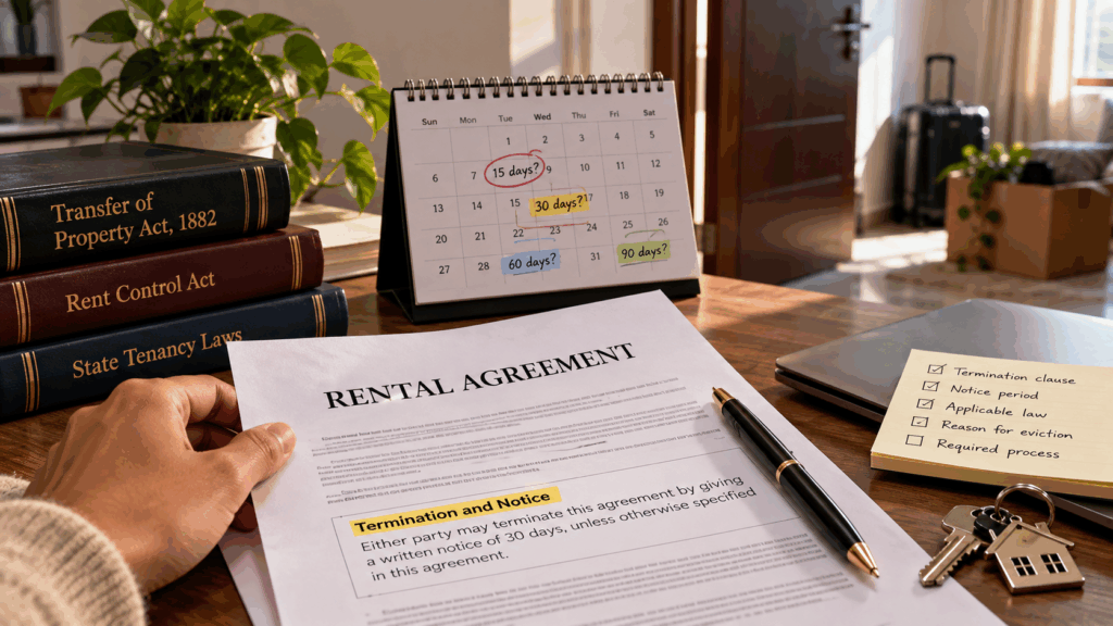 Landlord giving an eviction notice to a tenant with a rental agreement, notice period calendar, keys, and moving boxes in an apartment.