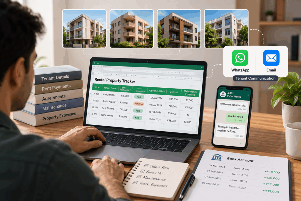 Property management spreadsheet for tracking tenants, rent payments, deposits, agreements, maintenance expenses, and rental property details.