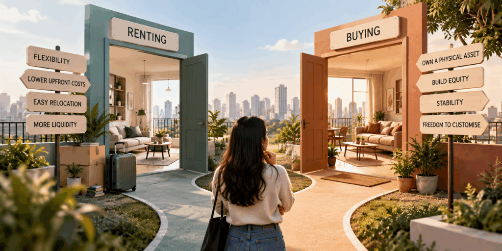 Renting vs. Buying a House, Renting vs. Buying a House in India in 2026: Which Makes More Financial Sense?, Rentok Renting vs. buying a house in India, comparing rental flexibility and lower upfront costs with homeownership, property equity and long-term stability.