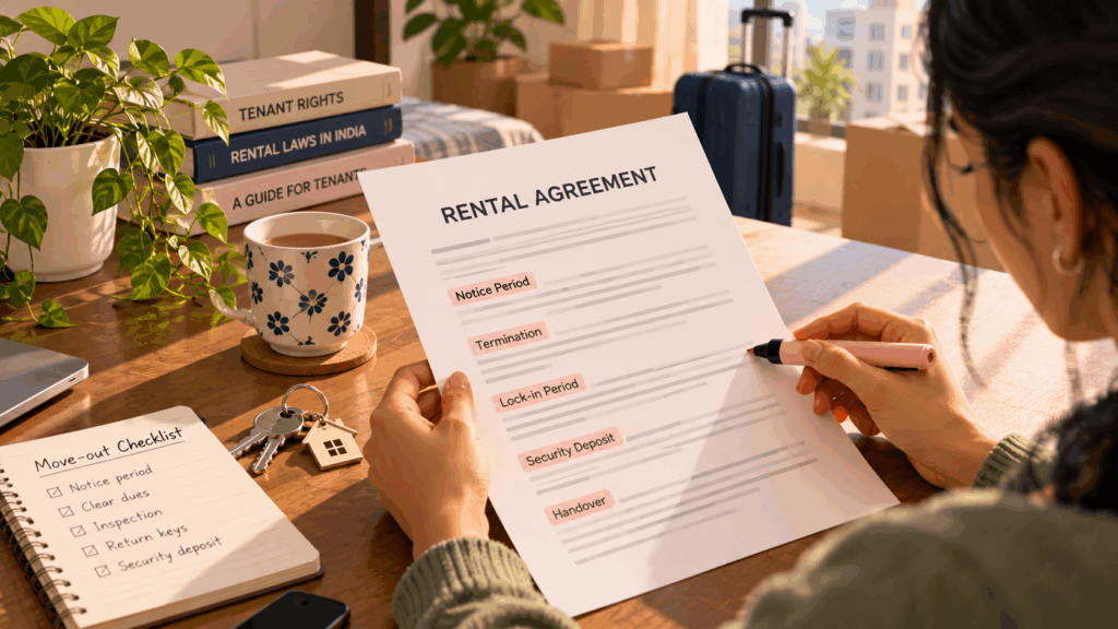 Tenant reviewing a rental agreement before vacating a rented flat, checking notice period, lock-in period, security deposit, and handover terms in India.