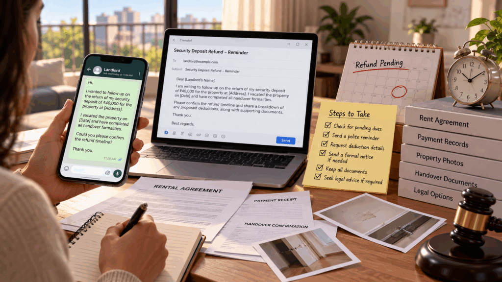 Security Deposit, How Much of My Security Deposit Is Actually Refundable?, Rentok Tenant following up on a delayed security deposit refund using a phone and laptop, with rental records, payment receipts, handover documents, and a refund reminder calendar on the desk.