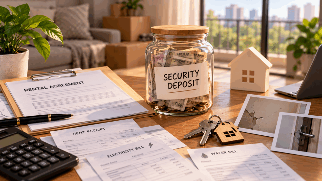 Security Deposit, How Much of My Security Deposit Is Actually Refundable?, Rentok Security deposit jar filled with Indian rupee notes, surrounded by rental documents, utility bills, keys and property damage photos on a table in a modern apartment.