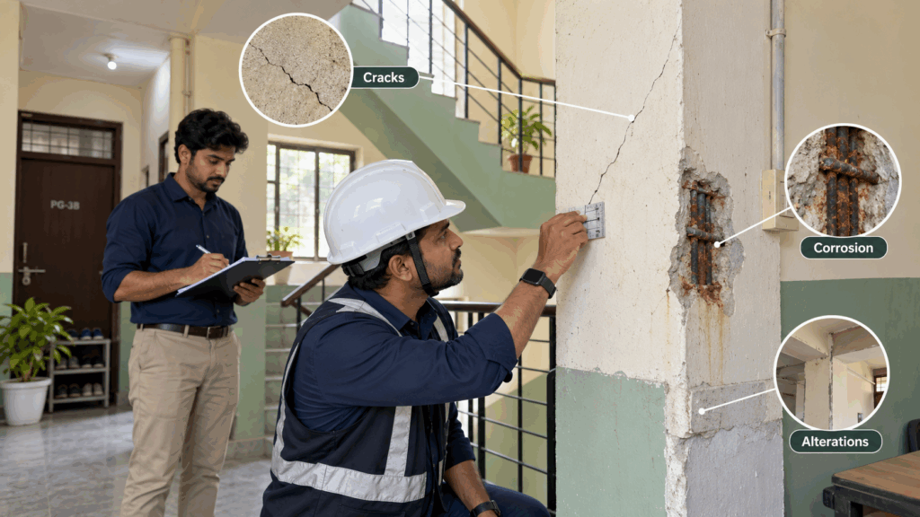 MCD Structural Safety Certificate, MCD Structural Safety Certificate for PGs: 15-Day Guide, Rentok Structural engineer examining cracks and exposed reinforcement in a Delhi PG stairwell