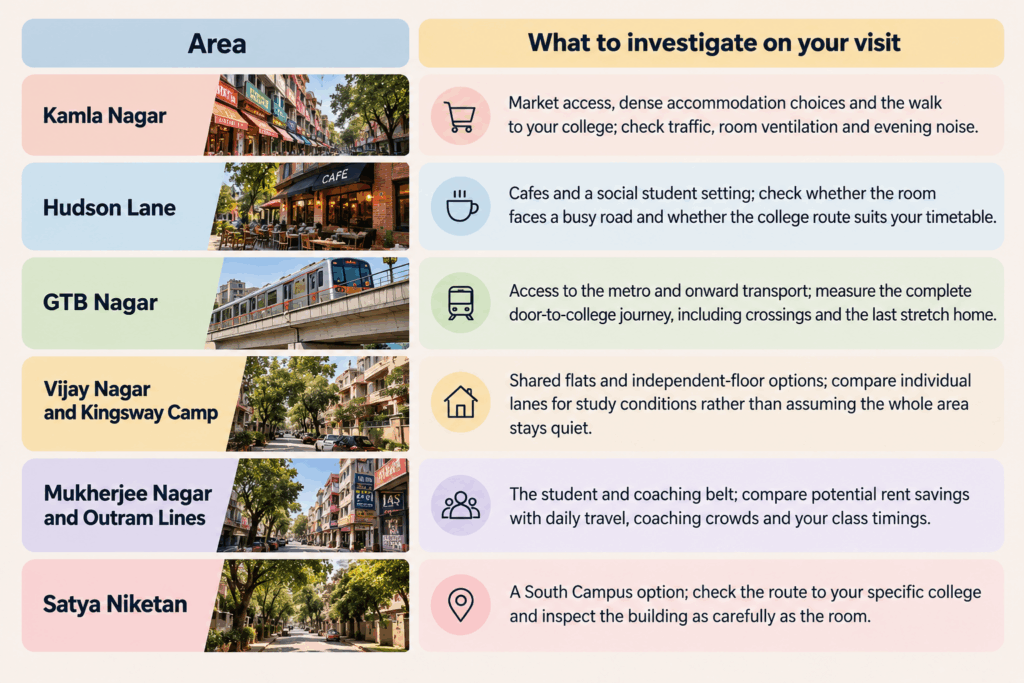 DU PG area comparison infographic showing Kamla Nagar, Hudson Lane, GTB Nagar, Vijay Nagar, Mukherjee Nagar and Satya Niketan with key rental, commute and safety checks.
