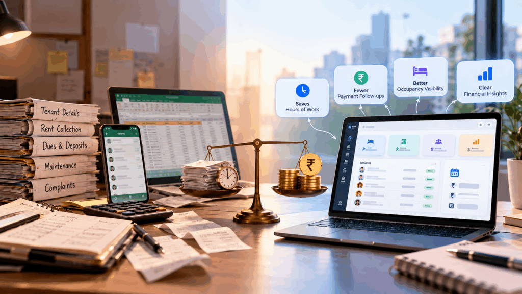 Property Management Software Cost, How Much Should Property Management Software Cost in India?, Rentok Property management software showing the value of automation through time savings, fewer payment follow-ups, better occupancy visibility, and financial insights.