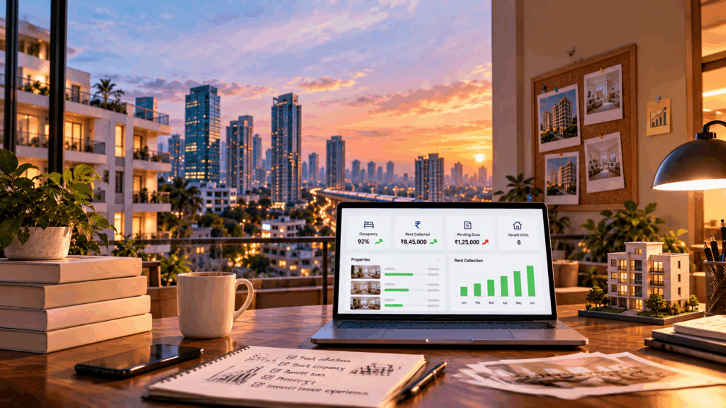 Rental property management dashboard showing occupancy, rent collection, pending dues, and vacant units against a city skyline at sunset.