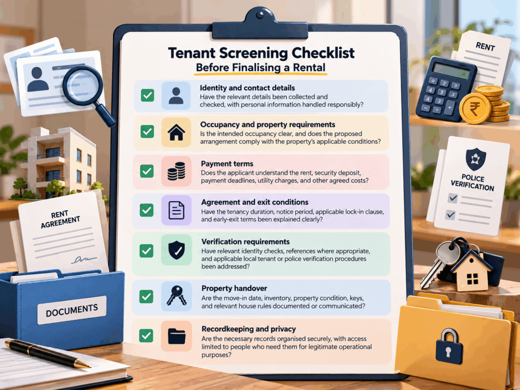 Tenant screening checklist for landlords covering identity verification, occupancy, rent payments, rental agreements, police verification, property handover, and secure recordkeeping.