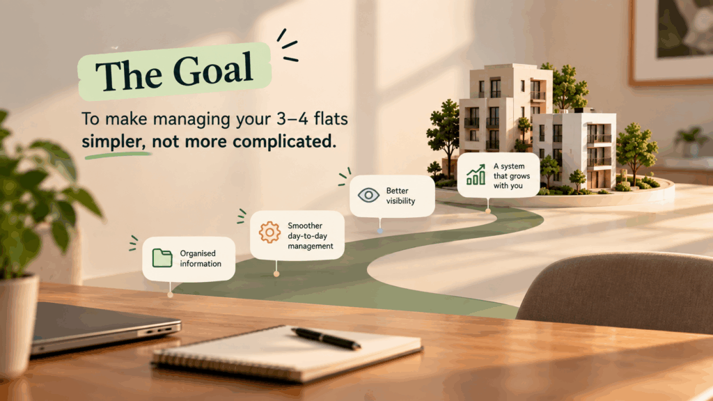 Professional property management illustration showing a simple, organized approach to managing 3&ndash;4 flats with better visibility and smoother day-to-day operations.