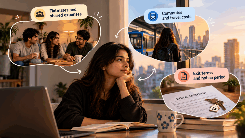 Comparing shared flat expenses, monthly commuting costs, and rental agreement exit terms to choose affordable accommodation and avoid unexpected moving costs in India.