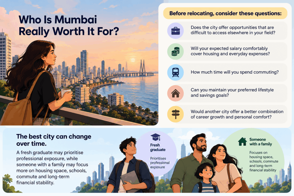 Highest Rent, Mumbai Has the Highest Rent, but Is It the Best City to Live In?, Rentok Mumbai skyline infographic comparing career opportunities, living costs, commute, lifestyle and financial stability for fresh graduates and families.